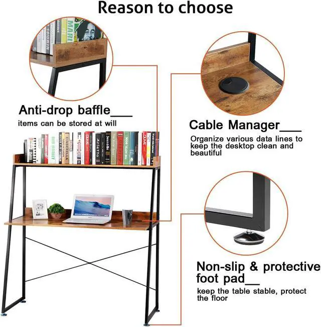 Alt view image 6 of 7 - 48" Ladder Computer Desk with 2-Tier Storage Shelves & Bookshelf
