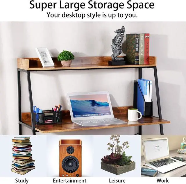 Alt view image 4 of 7 - 48" Ladder Computer Desk with 2-Tier Storage Shelves & Bookshelf