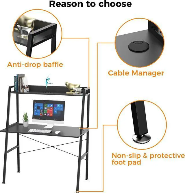 Alt view image 5 of 7 - 48" Ladder Computer Desk with 2-Tier Storage Shelves & Bookshelf Black