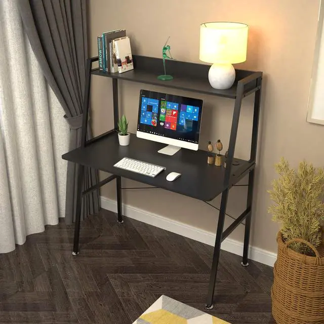 Alt view image 3 of 7 - 48" Ladder Computer Desk with 2-Tier Storage Shelves & Bookshelf Black
