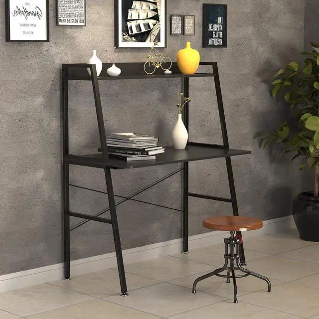 Alt view image 6 of 7 - 48" Ladder Computer Desk with 2-Tier Storage Shelves & Bookshelf Black