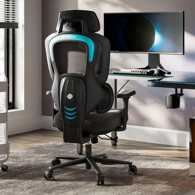 Main image of EUREKA ERGONOMIC Hybrid Ergonomic Gaming Chair - 3D Adjustable Armrests, Dynamic Lumbar Support & Headrest, High-Back Mesh Computer Desk Chair for Gaming Bule