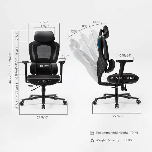 Alt view image 2 of 7 - EUREKA ERGONOMIC Hybrid Ergonomic Gaming Chair - 3D Adjustable Armrests, Dynamic Lumbar Support & Headrest, High-Back Mesh Computer Desk Chair for Gaming Bule
