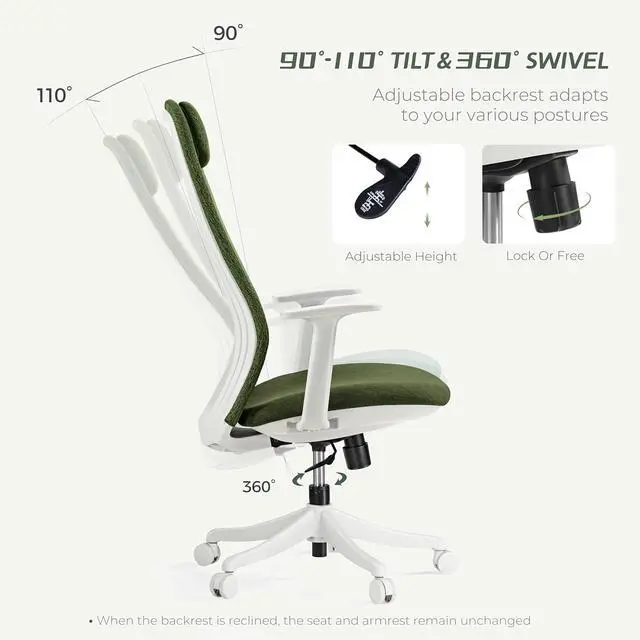 Alt view image 3 of 7 - High Back Ergonomic Mesh Office Desk Chair, Adjustable Headrest & Lumbar Support, Home Computer Chair with Padded Arms & Rolling Wheels
