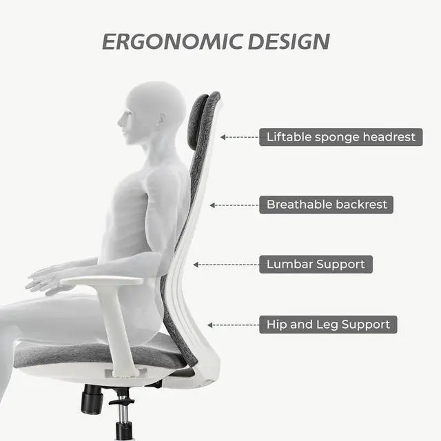 Alt view image 5 of 7 - High Back Ergonomic Mesh Office Desk Chair, Adjustable Headrest & Lumbar Support, Home Computer Chair with Padded Arms & Rolling Wheels Gray