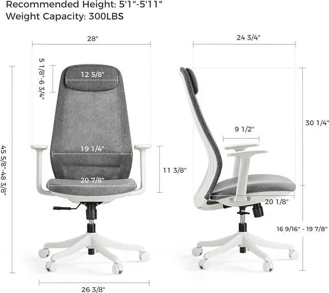 Alt view image 2 of 7 - High Back Ergonomic Mesh Office Desk Chair, Adjustable Headrest & Lumbar Support, Home Computer Chair with Padded Arms & Rolling Wheels Gray