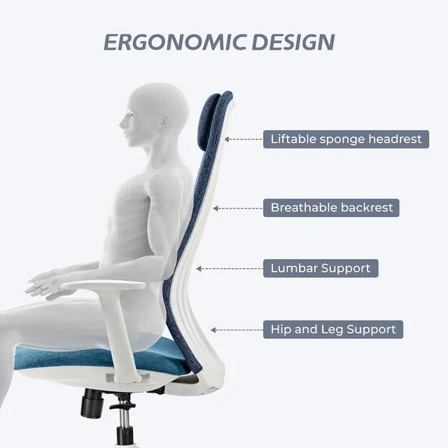 Alt view image 4 of 7 - High Back Ergonomic Mesh Office Desk Chair, Adjustable Headrest & Lumbar Support, Home Computer Chair with Padded Arms & Rolling Wheels Bule