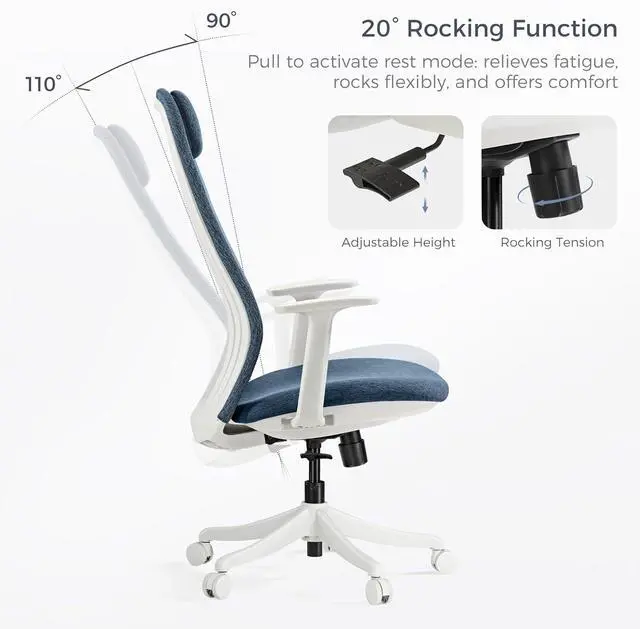 Alt view image 6 of 7 - High Back Ergonomic Mesh Office Desk Chair, Adjustable Headrest & Lumbar Support, Home Computer Chair with Padded Arms & Rolling Wheels Bule