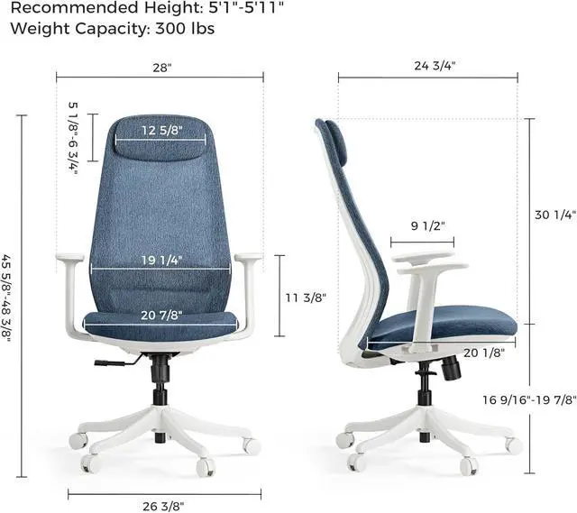 Alt view image 2 of 7 - High Back Ergonomic Mesh Office Desk Chair, Adjustable Headrest & Lumbar Support, Home Computer Chair with Padded Arms & Rolling Wheels Bule