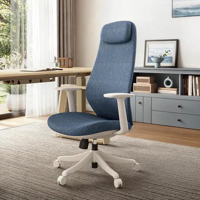 Alt view image 3 of 7 - High Back Ergonomic Mesh Office Desk Chair, Adjustable Headrest & Lumbar Support, Home Computer Chair with Padded Arms & Rolling Wheels Bule