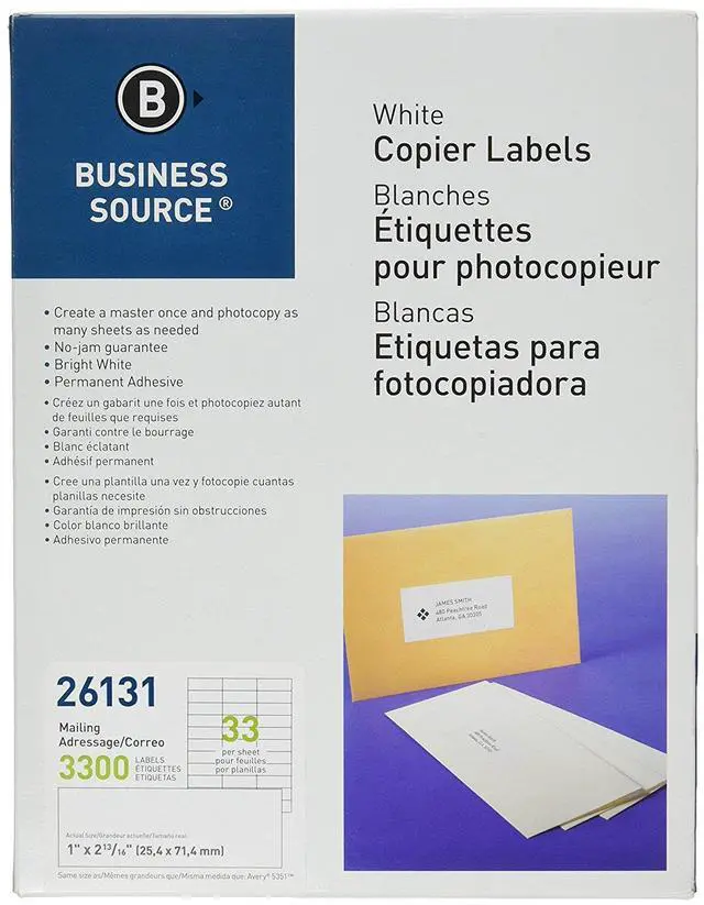 Alt view image 3 of 12 - Business Source Mailing Labels 1"x2-3/4" 3300/PK White 26131