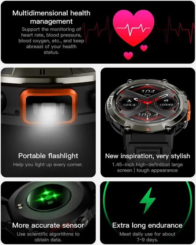 Alt view image 6 of 6 - S100 Smart Watch Men With Flashlight Outdoor Sport Fitness Tracker Blood Pressure Waterproof Smartwatch for Android IOS