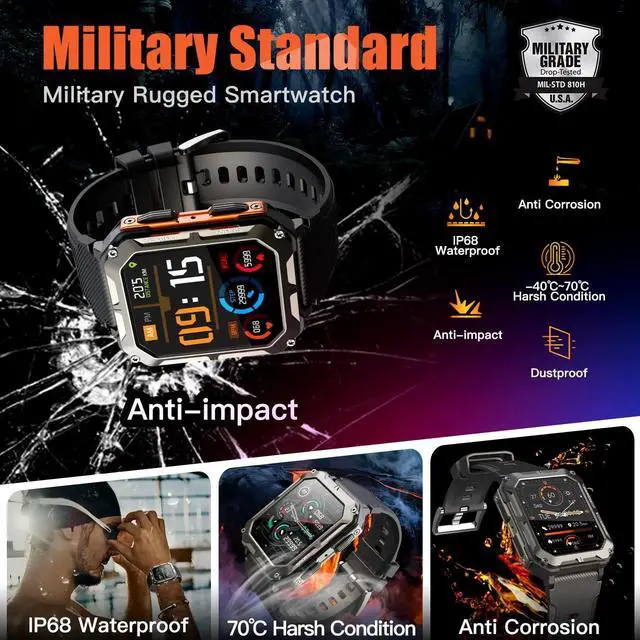 Alt view image 6 of 6 - C20 Pro Military Smart Watch for Men Bluetooth Call Rugged Tactical Smartwatch 5 ATM Waterproof Outdoor Sports Fitness Tracker