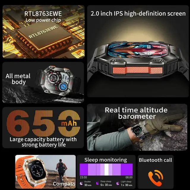 Alt view image 2 of 6 - KR80 Smart Watch Men 2inch Large Screen Compass 620mAh Bluetooth Call Outdoor Sports Watches Fitness Smartwatch Men Women