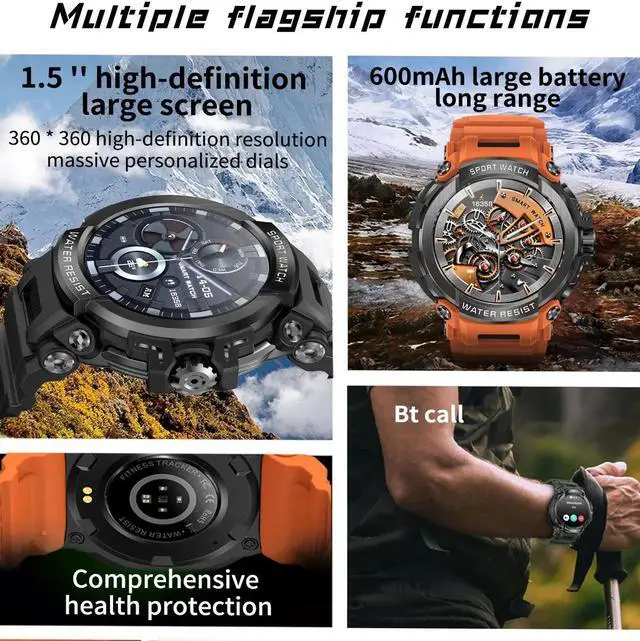 Alt view image 2 of 6 - For Android IOS Durable Military Smartwatch Heart Rate Monitor 600mAh Battery Bluetooth Call Men's Outdoor Smartwatch