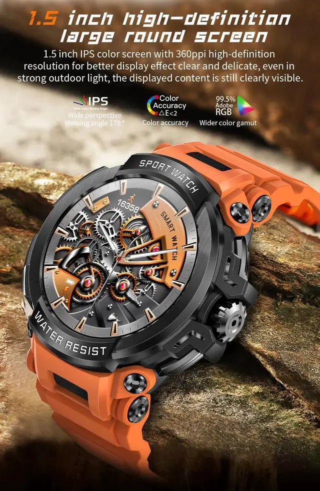 Alt view image 4 of 6 - For Android IOS Durable Military Smartwatch Heart Rate Monitor 600mAh Battery Bluetooth Call Men's Outdoor Smartwatch