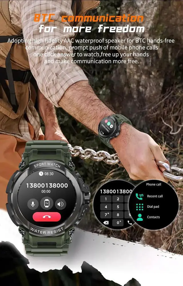 Alt view image 5 of 6 - For Android IOS Durable Military Smartwatch Heart Rate Monitor 600mAh Battery Bluetooth Call Men's Outdoor Smartwatch