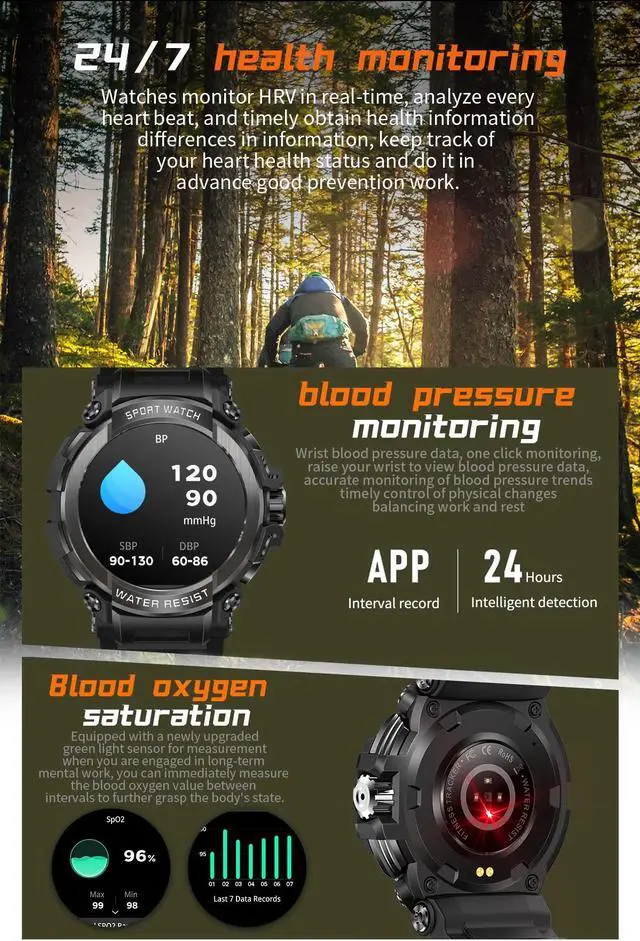 Alt view image 6 of 6 - For Android IOS Durable Military Smartwatch Heart Rate Monitor 600mAh Battery Bluetooth Call Men's Outdoor Smartwatch