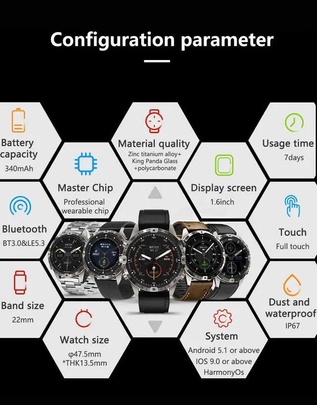 Alt view image 6 of 6 - MARQ Sport Smart Watch Compass 1.6" Screen 5 Buttons Men Smartwatch NFC Bluetooth Call 100+ Sports Modes Rugged Fitness Watches