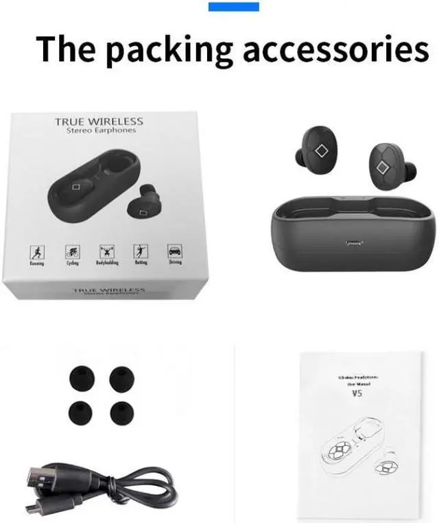 Alt view image 5 of 7 - V5-TWS Bluetooth V5.0 Wireless Stereo Headset with Charging Case, Support Intelligent Pairing & Siri Voice(Black)