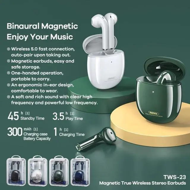 Alt view image 6 of 6 - Remax TWS-23 Bluetooth 5.0 Magnetic True Wireless Stereo Bluetooth Earphone (White)