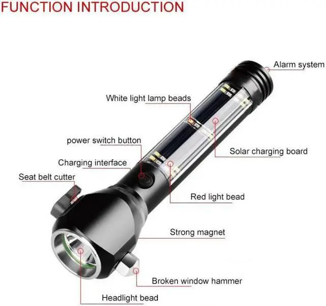 Alt view image 4 of 7 - Multi-functional Car Safety Hammer Solar Alarm Emergency Working Flashlight (Red)
