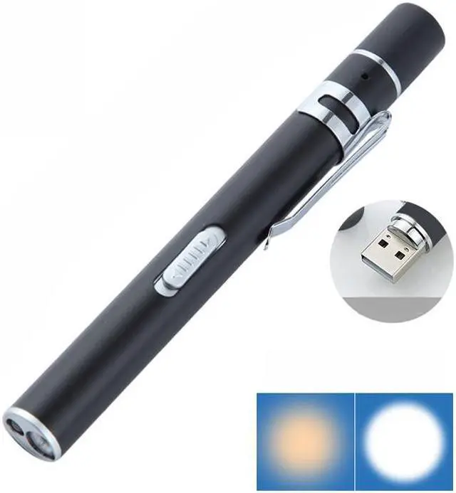 Main image of Flashlight Pupil Pen Light Yellow White Dual Light Source Dental Light LED Stainless Steel Morning Inspection Light Flashlight Pupil Pen Light (Black) (Black )