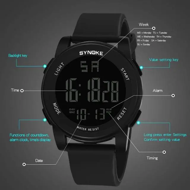 Alt view image 4 of 7 - SYNOKE 9002 Men Outdoor Waterproof Sports Watch Multifunctional Luminous Digital Watch (Black)