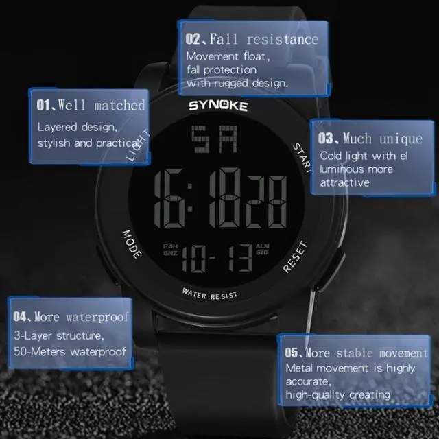 Alt view image 5 of 7 - SYNOKE 9002 Men Outdoor Waterproof Sports Watch Multifunctional Luminous Digital Watch (Black)