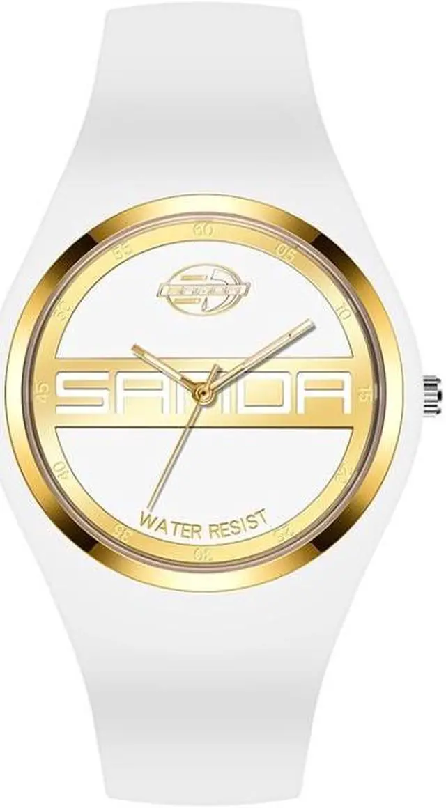 Main image of SANDA 6077 Simple Icon Round Dial Ladies Silicone Strap Quartz Watch (White Gold Dual Mark)