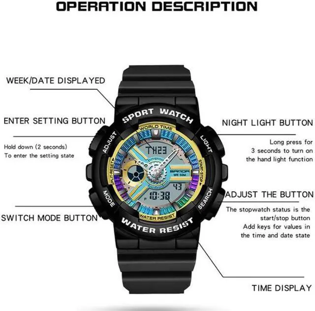 Alt view image 3 of 6 - SANDA 3137 TPU Strap Luminous Waterproof Dual Display Electronic Watch (Multicolor)