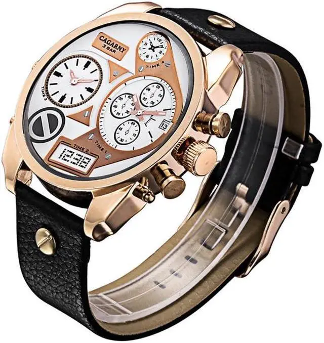 Main image of CAGARNY 6822 Fashionable Concise Style Large Dial Dual Clock Rose Gold Case Quartz Movement Wrist Watch with Leather Band & GMT Time & Calendar Functions for Men (Style 2)