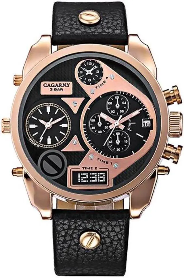 Alt view image 2 of 5 - CAGARNY 6822 Fashionable Concise Style Large Dial Dual Clock Rose Gold Case Quartz Movement Wrist Watch with Leather Band & GMT Time & Calendar Functions for Men (Style 2)