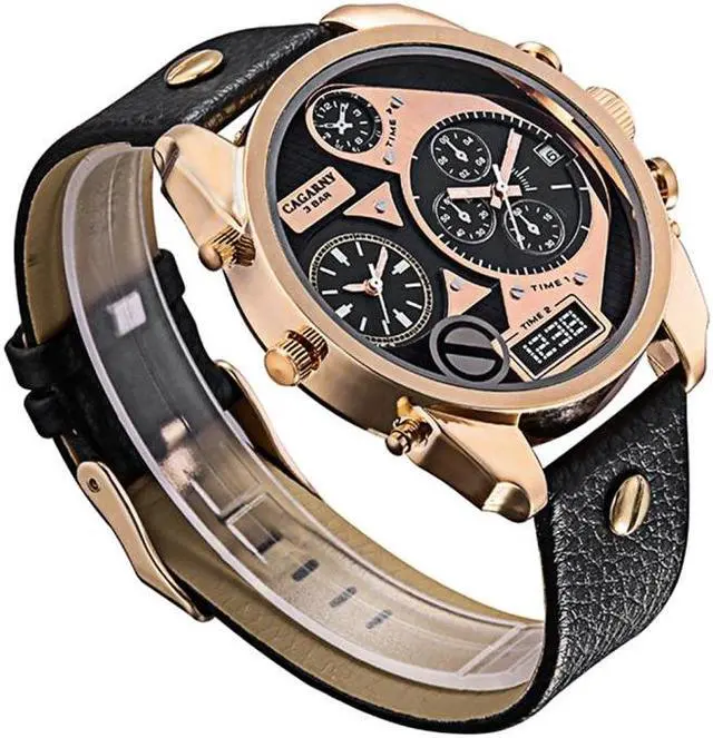 Alt view image 3 of 5 - CAGARNY 6822 Fashionable Concise Style Large Dial Dual Clock Rose Gold Case Quartz Movement Wrist Watch with Leather Band & GMT Time & Calendar Functions for Men (Style 2)
