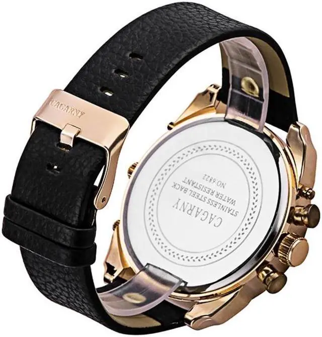 Alt view image 4 of 5 - CAGARNY 6822 Fashionable Concise Style Large Dial Dual Clock Rose Gold Case Quartz Movement Wrist Watch with Leather Band & GMT Time & Calendar Functions for Men (Style 2)