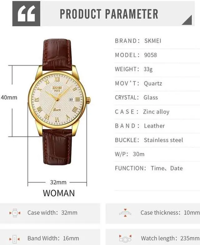 Alt view image 3 of 7 - SKMEI 9058 Multifunctional Outdoor Fashion Waterproof Gold Shell Quartz Wrist Watch (Men Style Silver Face Brown Strap)