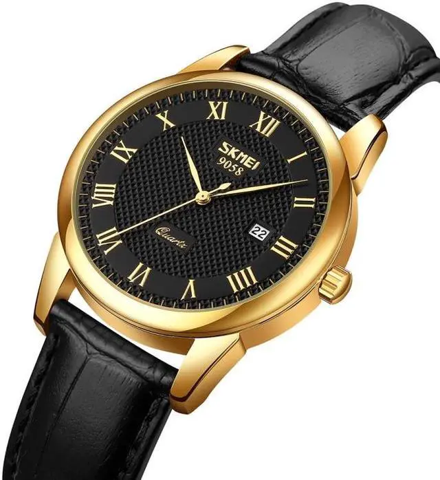 Alt view image 2 of 7 - SKMEI 9058 Multifunctional Outdoor Fashion Waterproof Gold Shell Quartz Wrist Watch (Men Style Silver Face Brown Strap)