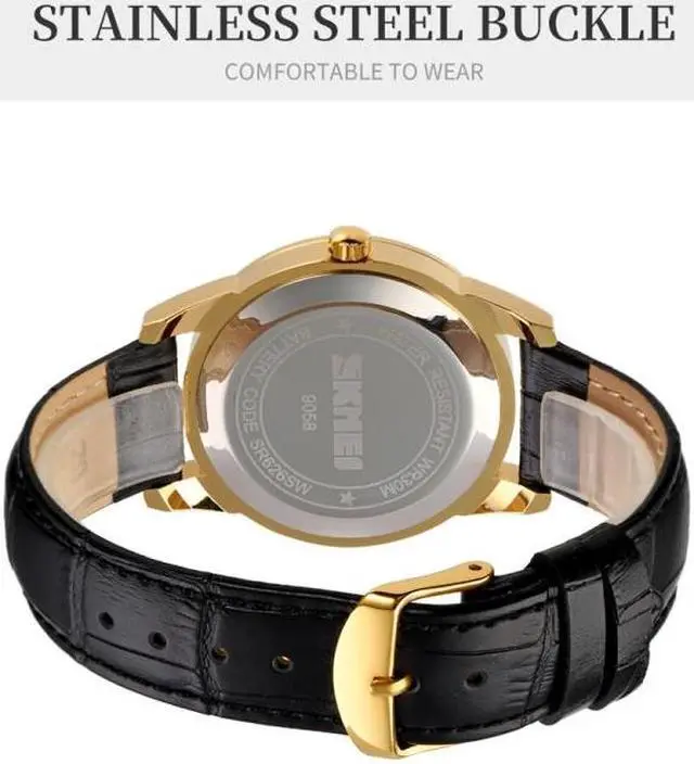 Alt view image 5 of 7 - SKMEI 9058 Multifunctional Outdoor Fashion Waterproof Gold Shell Quartz Wrist Watch (Men Style Silver Face Brown Strap)