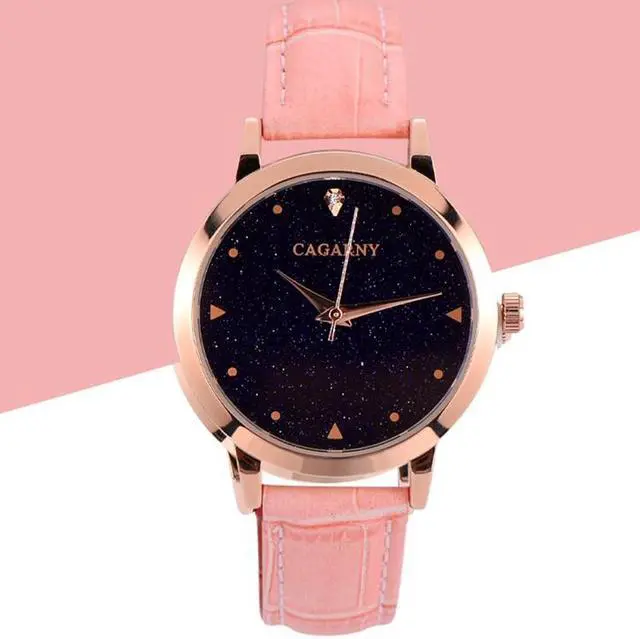 Alt view image 2 of 6 - CAGARNY 6875 Round Dial Water Resistant Starry Sky Pattern Fashion Women Quartz Wrist Watch with Leather Band (Red)