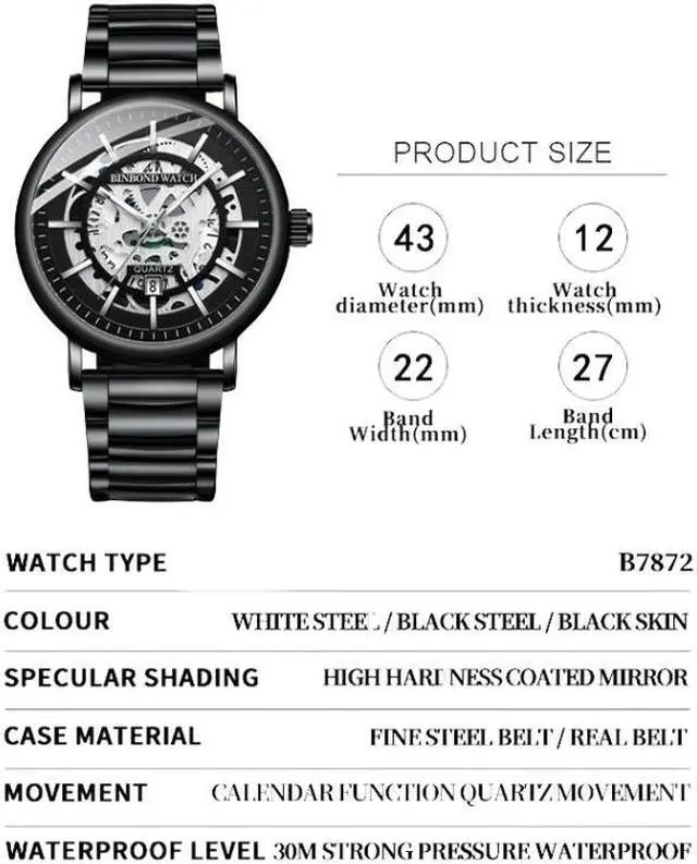Alt view image 3 of 6 - BINBOND B7872 Multifunctional Hollow Luminous Waterproof Quartz Watch, Color: Black Leather-White-Black Black Leather-White-Black