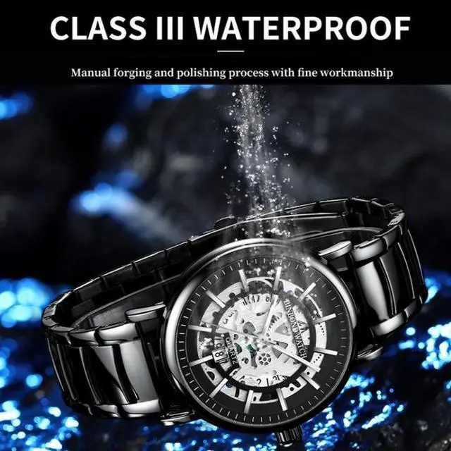 Alt view image 5 of 6 - BINBOND B7872 Multifunctional Hollow Luminous Waterproof Quartz Watch, Color: Black Leather-White-Black Black Leather-White-Black