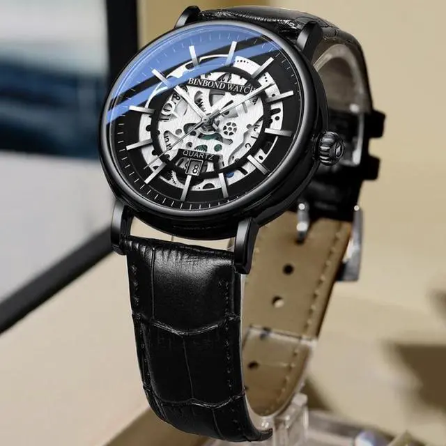 Alt view image 6 of 6 - BINBOND B7872 Multifunctional Hollow Luminous Waterproof Quartz Watch, Color: Black Leather-White-Black Black Leather-White-Black