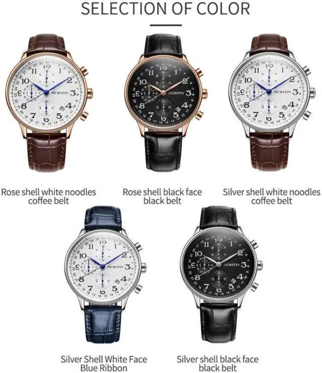 Alt view image 2 of 7 - Ochstin 6050C Multifunctional Quartz Men Leather Watch (Silver+Coffee)