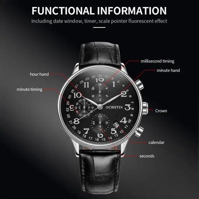 Alt view image 3 of 7 - Ochstin 6050C Multifunctional Quartz Men Leather Watch (Silver+Coffee)