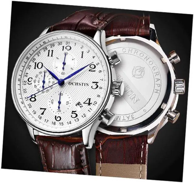 Alt view image 5 of 7 - Ochstin 6050C Multifunctional Quartz Men Leather Watch (Silver+Coffee)