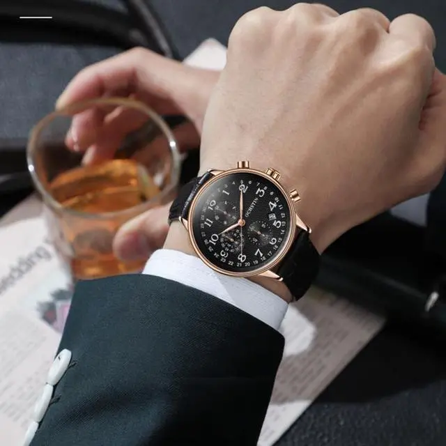 Alt view image 7 of 7 - Ochstin 6050C Multifunctional Quartz Men Leather Watch (Silver+Coffee)