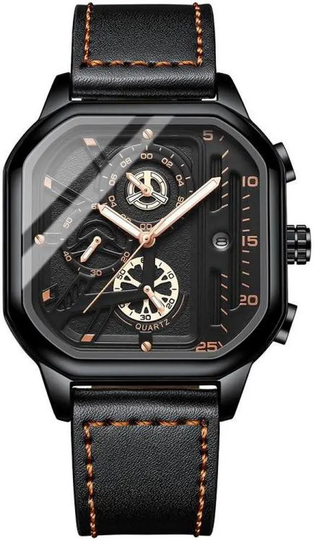 Main image of BINBOND B6577 30M Waterproof Luminous Square Quartz Watch, Color: Black Leather-Black-Rose Gold Black Leather-Black-Rose Gold