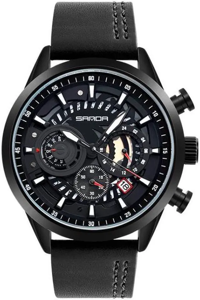 Main image of SANDA 5010P Six-Pin Cool Big Dial Waterproof Three-Eye Men Watch Leather Strap Fashion Trend Men Watch(Orange) (Black)