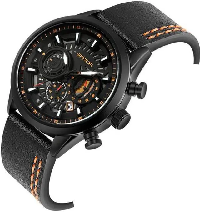 Alt view image 2 of 7 - SANDA 5010P Six-Pin Cool Big Dial Waterproof Three-Eye Men Watch Leather Strap Fashion Trend Men Watch(Orange) (Black)