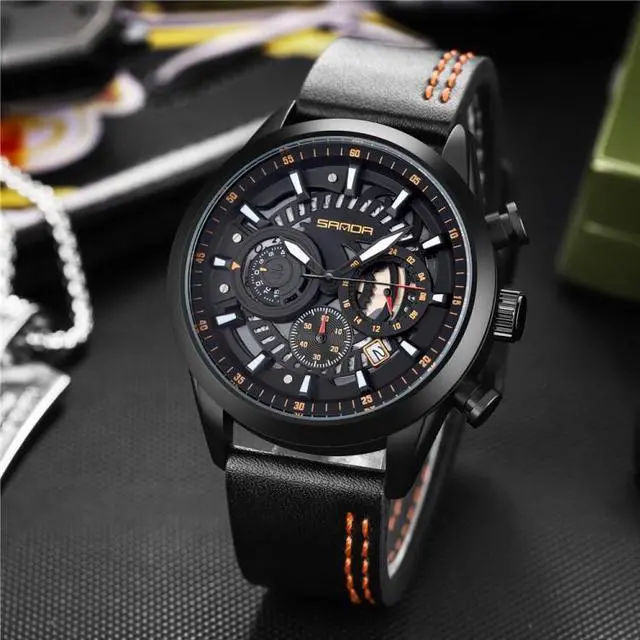 Alt view image 3 of 7 - SANDA 5010P Six-Pin Cool Big Dial Waterproof Three-Eye Men Watch Leather Strap Fashion Trend Men Watch(Orange) (Black)